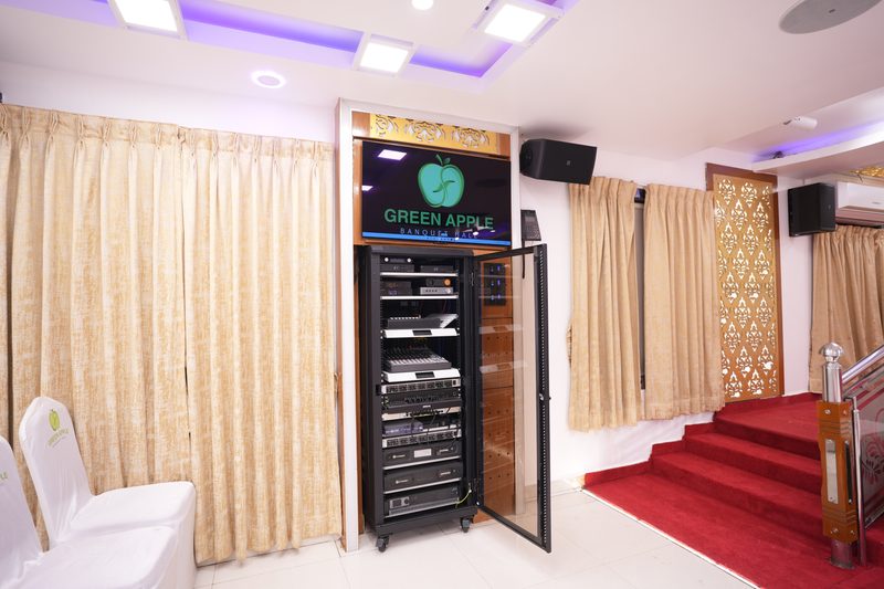 AV rack by the stage steps